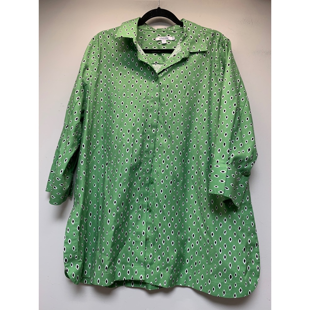 Chico's Button Down Shirt Women 2.5 US 14 Green Diamond Print Excellent Tunic